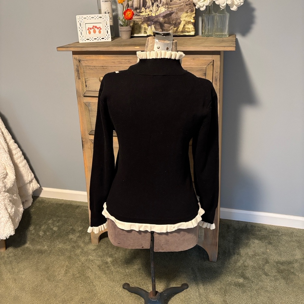 CABI Adorn #4103  Black and Cream ruffle ribbed cotton pullover sweater - Picture 7 of 10